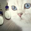 White Howlite Semi-precious Puff Ovals, Cobalt Glass Crystal Beads, Fluted Beads, Silver and Leverback Earrings Approx. 1 1/2" from base of Leverback earring
