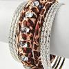 Rhodiumized / Brown Leopard Print Fabric Wrapped / Clear Acrylic / Lead Compliant / 9 Pcs in one bracelet, Stackable Bracelet Size Free : 2 5/8" Width : 1 1/2" 002/340