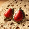 Vintage Style Red Veined Stone in Antique Gold Setting.  Post Earrings.