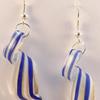 Very pretty glass ribbon candy earrings featuring blue stripes highlighted with metallic gold.  Silver fish hook ear wires.  Pendant is about 1 1/2" long.