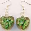 Green glass floral earrings heart pendant is approx. 1" long.