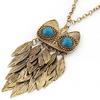 Retro Ocean Blue-eyed Owl and Leaves Necklace. This is more shiny gold than antique-looking. Chain is approximately 27" long. Owl pendant is approx. 2 1/2" long. Lead compliant. 