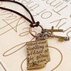 Antique Finish Necklace with charm engraved with Scripture verse "we have seen the glory (of the Lord)."   The Key charm and Cross charm are vintage antique style.  Suede necklace can be sized to one's liking. Lead compliant.
